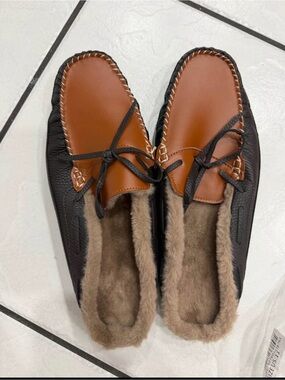 Men's Two-Tone Brown & Black Faux-Fur Moccasin Slip-Ons